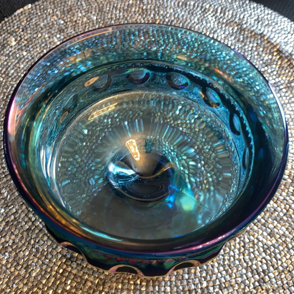 Large Blue Iridescent Carnival Compote Glass - Picture 3 of 6
